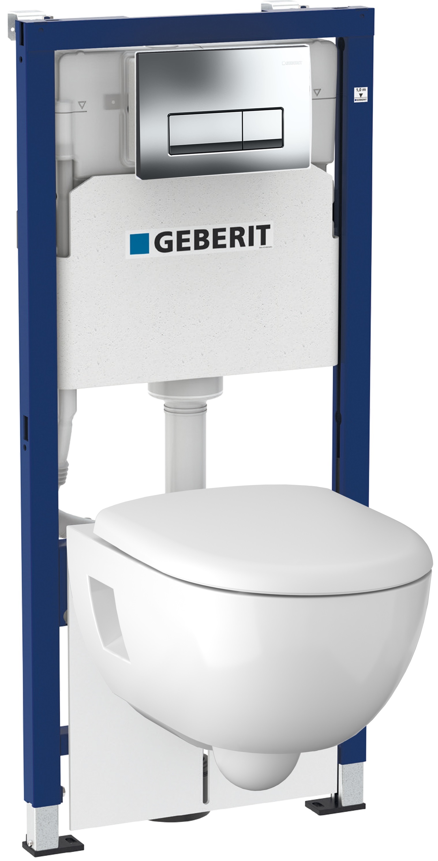 Комплект инсталляция Geberit Duofix + унитаз подвесной Geberit Renova Premium безободковый с сиденьем микролифт + кнопка смыва (хром)
