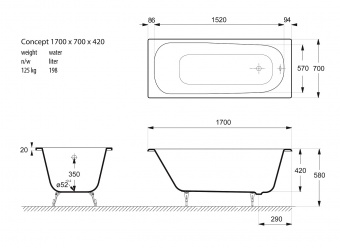Ванна чугунная Vinsent Veron Concept 170x70 с отверстиями для ручек
